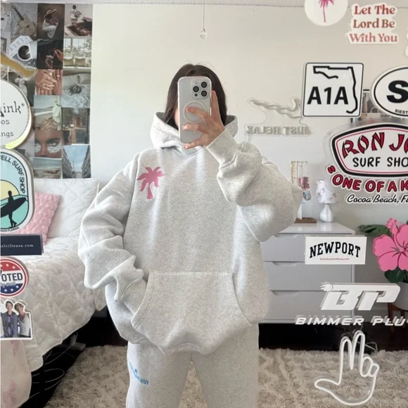 grey and pink palm puff hibiscus hoodie - Picture 2 of 7